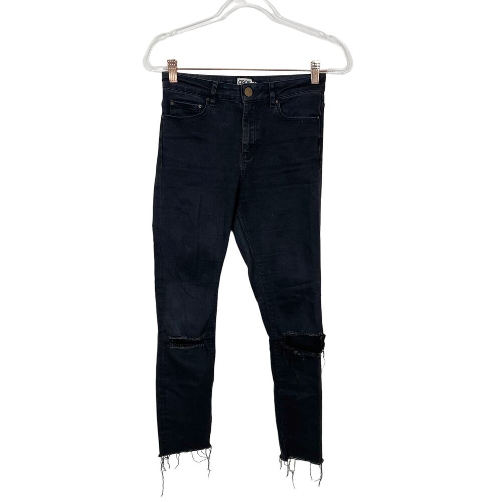 ASOS Denim Black Ripped Skinny Jeans Womens Size 26 Raw Fray Hem Cotton Stretch